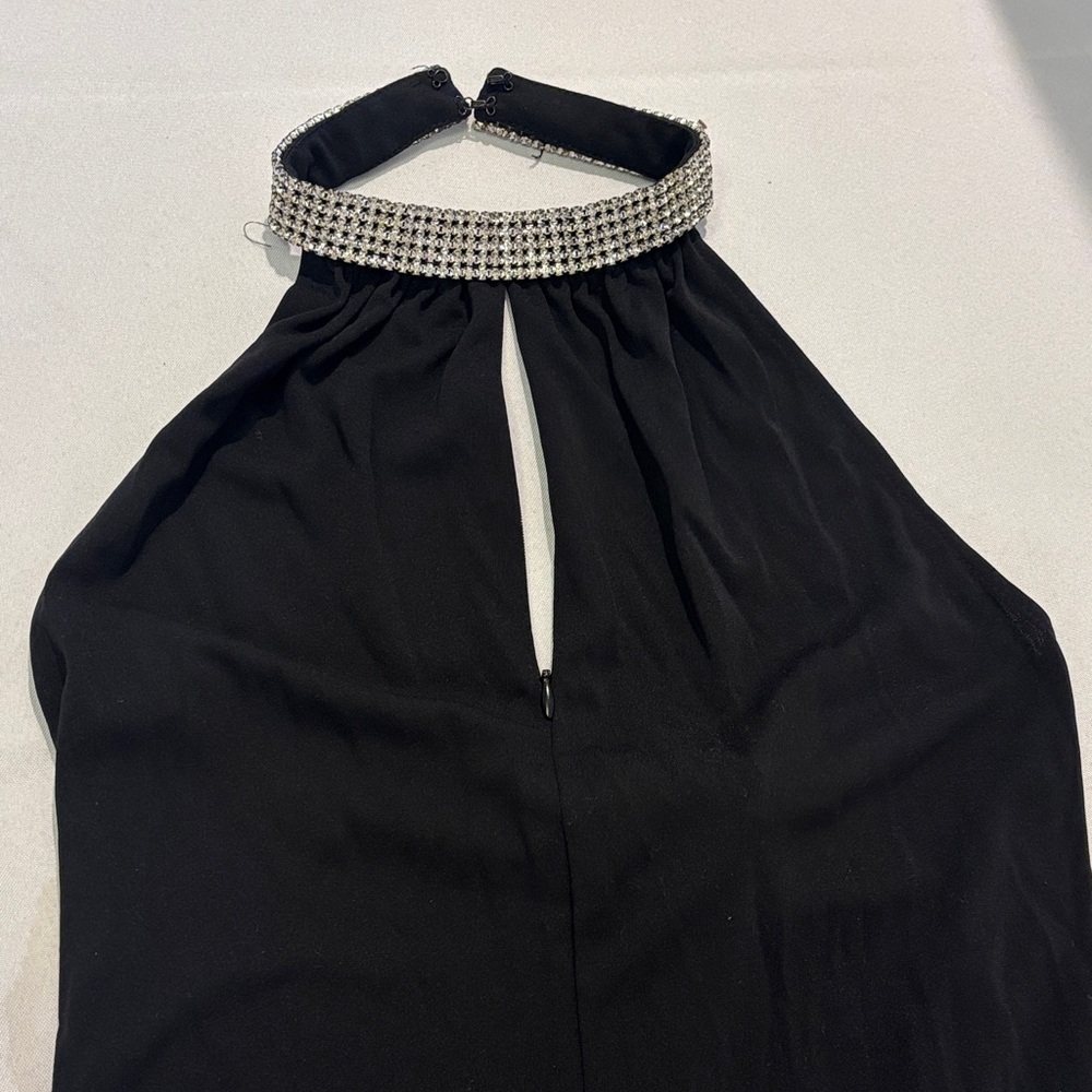 Zum Zum by Niki Livas Black Backless full length romper. Rhinestone collar.